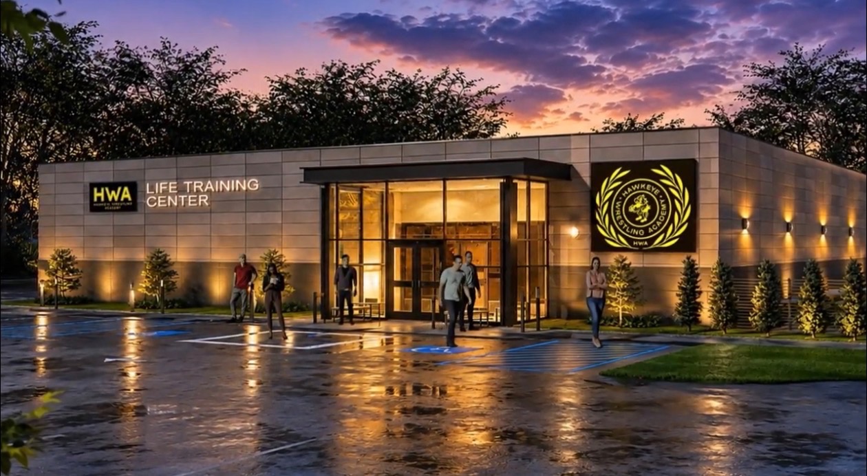 Architectural rendering of the HWA Life Training Center at dusk