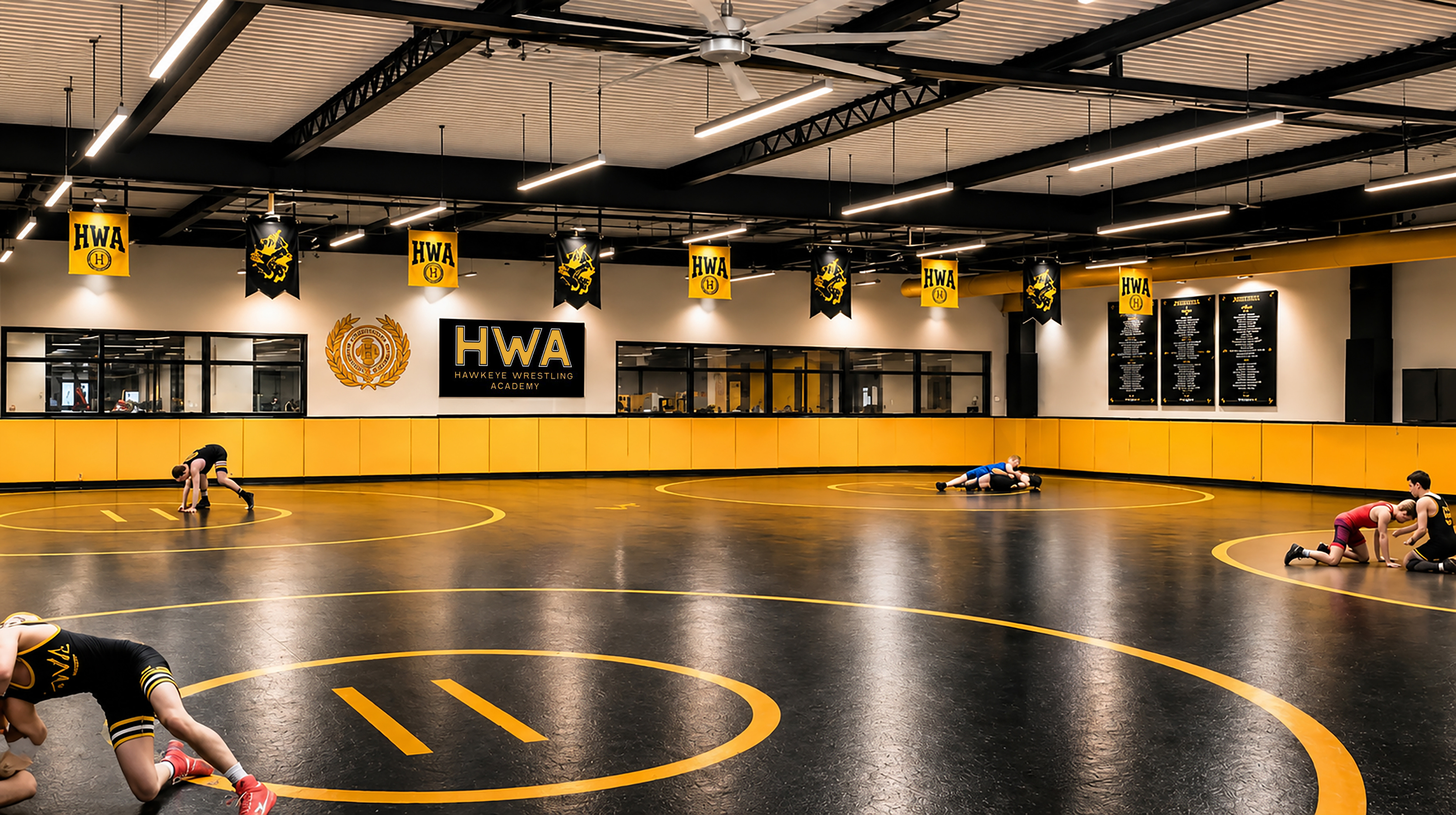 Interior rendering of the HWA Life Training Center wrestling room with athletes training