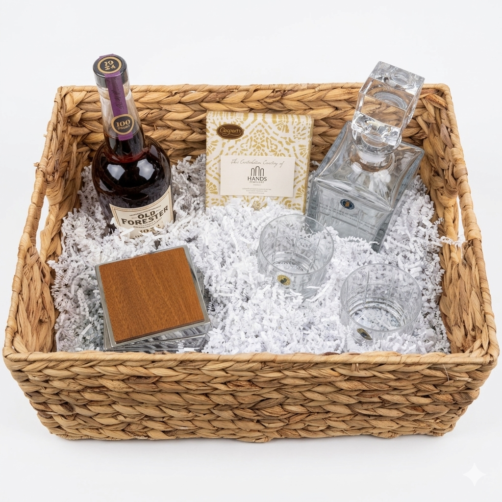 Waterford Cluin Decanter Whiskey Set with Nambe Twist Coasters and Old Forester 10 Year Bourbon